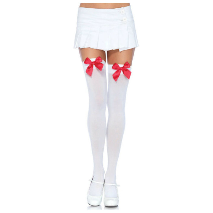 LEG AVENUE - MEDIAS NYLON BLANCO Y LAZO ROJO | VibraZon
