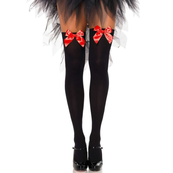 LEG AVENUE - MEDIAS ALTAS NEGRAS CON LACITO ROJO TALLA ÚNICA | VibraZon