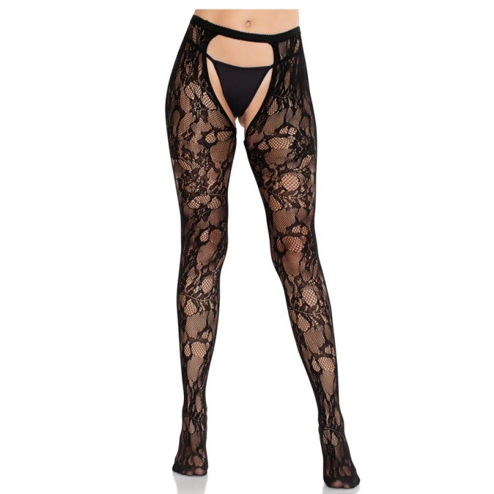 LEG AVENUE - MEDIAS DE ENCAJE DE ROSAS CON PARTE TRASERA ABIERTA NEGRO | VibraZon