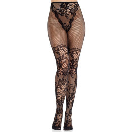 LEG AVENUE - MEDIAS DE ENCAJE DAHLIA CON DETALLE DE ROJO NEGRO | VibraZon