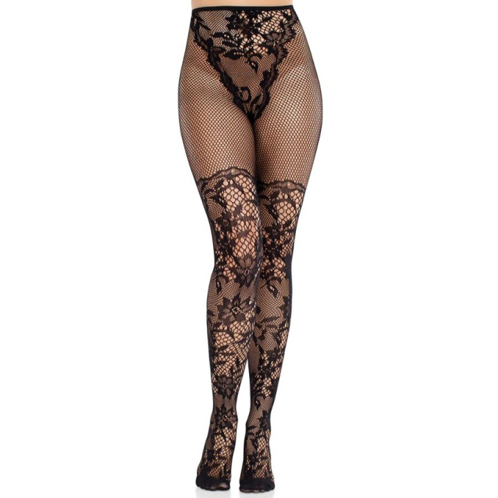 LEG AVENUE - MEDIAS DE ENCAJE DAHLIA CON DETALLE DE ROJO NEGRO | VibraZon