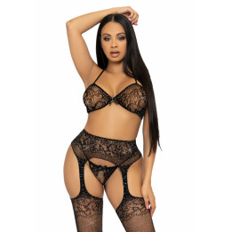 LEG AVENUE - SET TRES PIEZAS SUJETADOR, TANGA Y MEDIAS TALLA ÚNICA - NEGRO | VibraZon