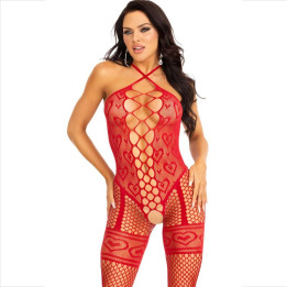 LEG AVENUE - BODYSTOCKING CUELLO HALTER ROJO CORAZONES ROJO | VibraZon