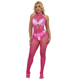SUBBLIME - 952389 BODYSTOCKING CROTCHLESS DE REJILLA Y ENCAJE CON CUELLO ALTO ROSA TALLA ÚNICA | VibraZon
