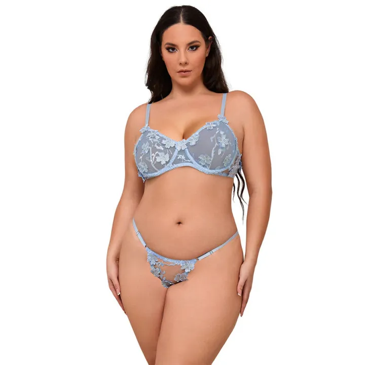 SUBBLIME - 957636 CONJUNTO SUJETADOR Y BRAGUITAS CON BORDADOS DE FLORES CELESTE L/XL
