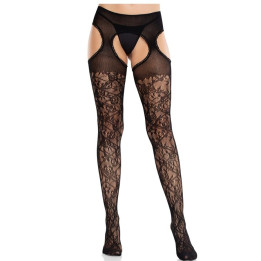 LEG AVENUE - MEDIAS DE ENCAJE FLORAL CON LIGAS UNIDAS NEGRO | VibraZon