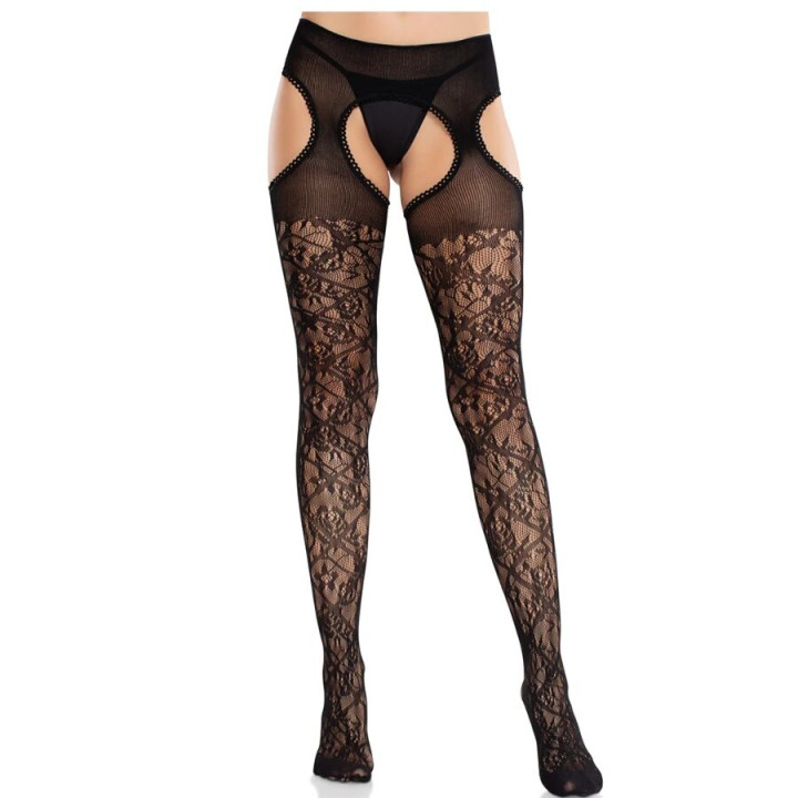 LEG AVENUE - MEDIAS DE ENCAJE FLORAL CON LIGAS UNIDAS NEGRO | VibraZon