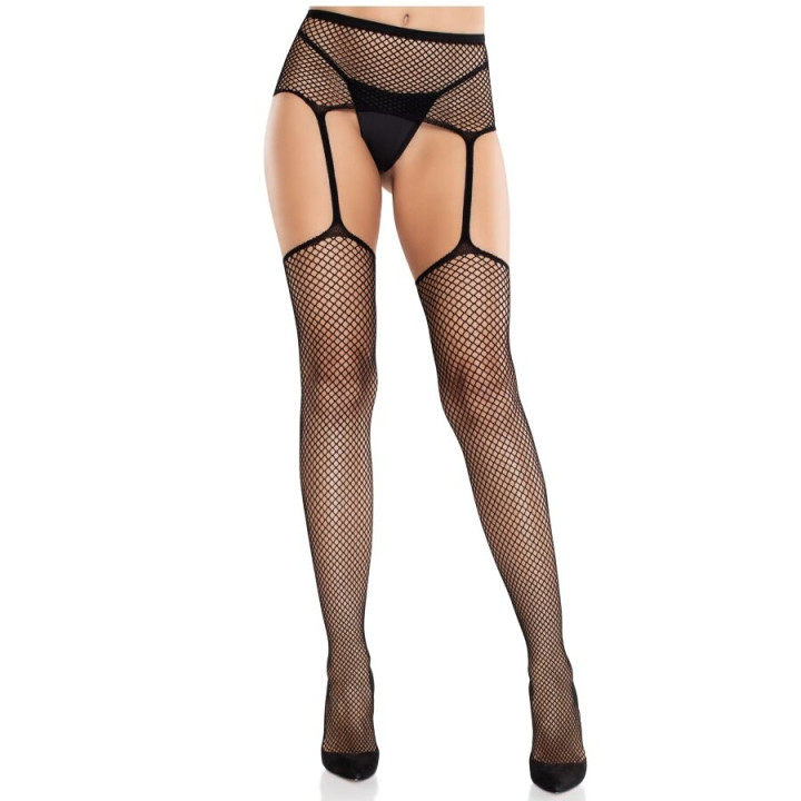 LEG AVENUE - MEDIAS DE ENCAJE CON CRUZ Y PORTALIGAS NEGRO | VibraZon