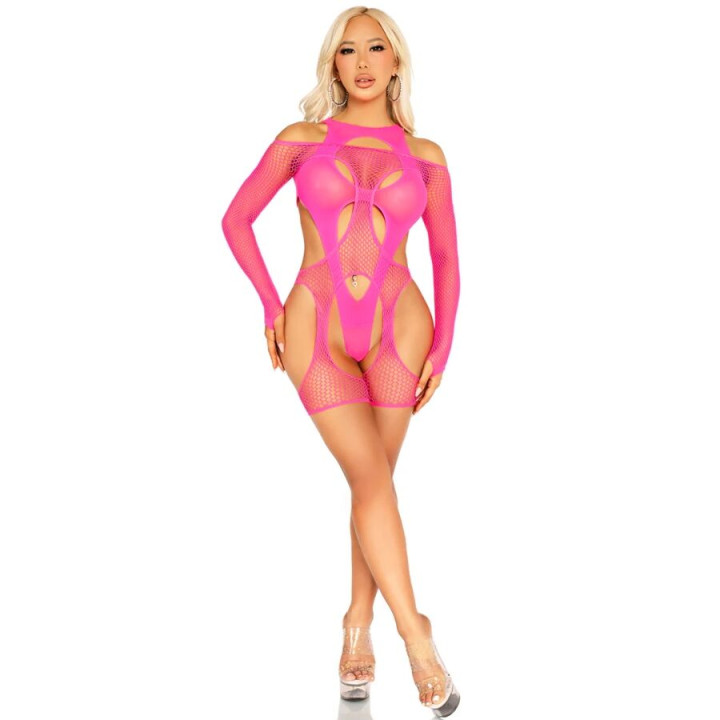 LEG AVENUE - BODY DE REJILLA CON LIGA Y ARNÉS ROSA NEÓN | VibraZon