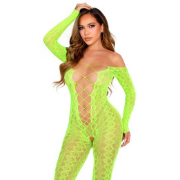 LEG AVENUE - BODYSTOCKING SIN ENTREPIERNA DE ENCAJE DE SERPIENTE EXÓTICA VERDE NEÓN | VibraZon