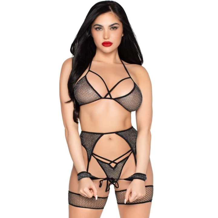 LEG AVENUE - 89362 SET TOP + TANGA + LIGUERO + ESPOSAS NEGRO - TALLA ÚNICA | VibraZon