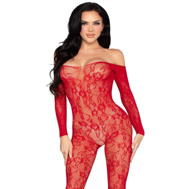 LEG AVENUE - 89366 BODYSTOCKING DE LENCERÍA DE ENCAJE ROJO - TALLA ÚNICA | VibraZon