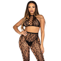LEG AVENUE - 89372 CROP TOP Y MEDIAS SIN ENTREPIERNA NEGRO - TALLA ÚNICA | VibraZon