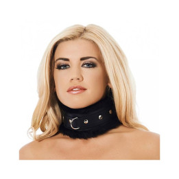 Collar Ancho Cuero y Pelo Artificial Negro de Bondage Play | VibraZon