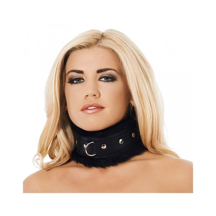 Collar Ancho Cuero y Pelo Artificial Negro de Bondage Play | VibraZon