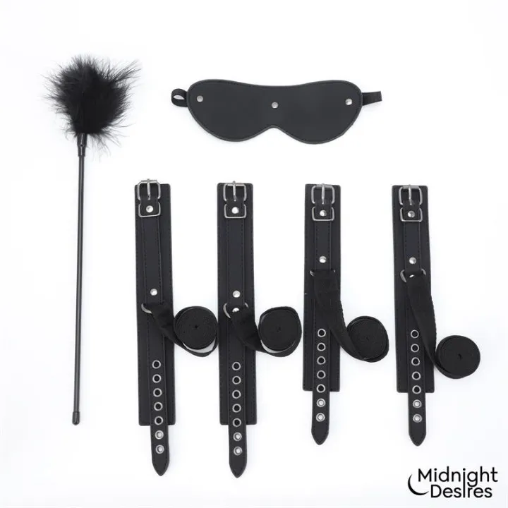 Set Bondage con Esposas, Antifaz y Pluma Estimuladora de Midnight Desires