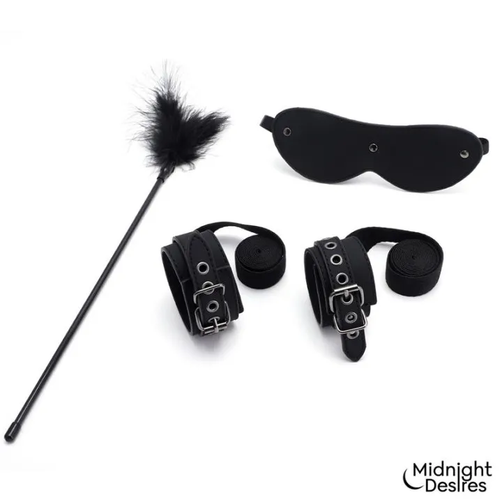 Set Bondage con Esposas, Antifaz y Pluma Estimuladora de Midnight Desires