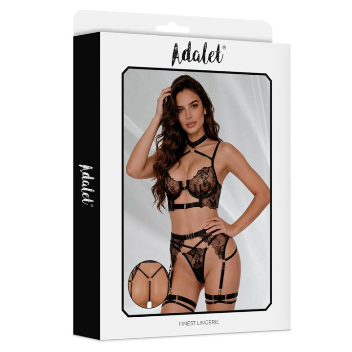 Hyacinth Set Sujetador, Tanga y Liguero Negro