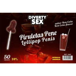 50 Piruletas Forma Pene Sabor Ron Cola 10% Alcohol de Diverty Sex | VibraZon