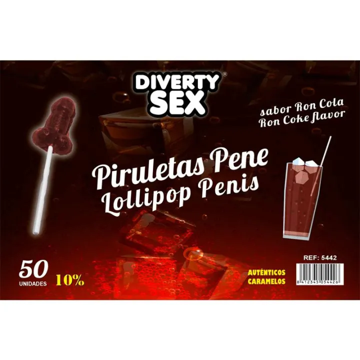 50 Piruletas Forma Pene Sabor Ron Cola 10% Alcohol de Diverty Sex