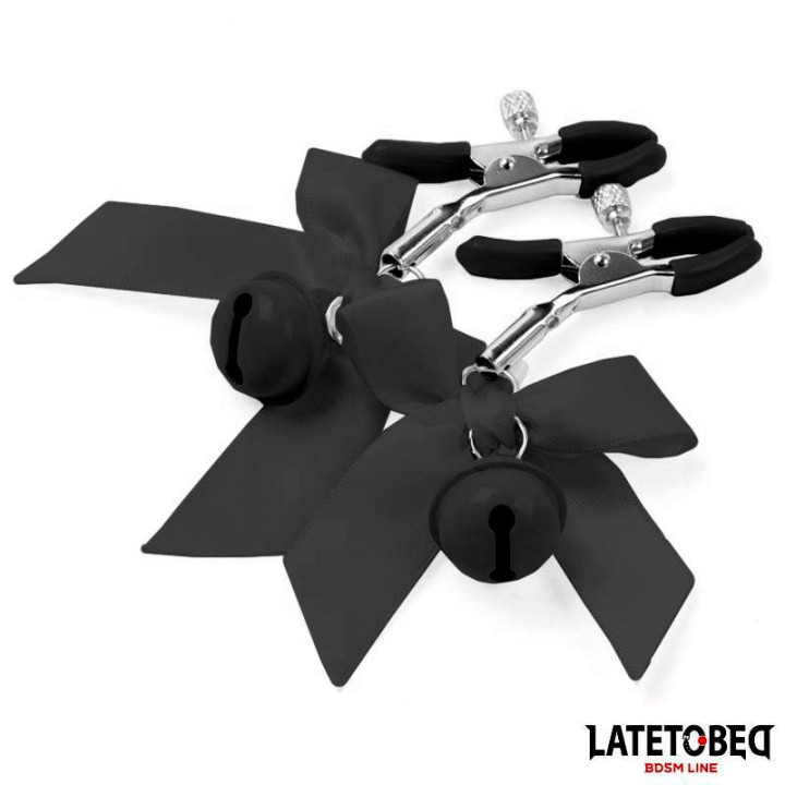 Pinzas para Pezones con Cascabel y Lazos Negros de Latetobed Bdsm Line | VibraZon