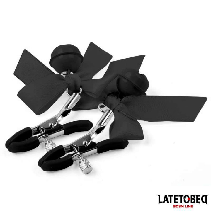 Pinzas para Pezones con Cascabel y Lazos Negros de Latetobed Bdsm Line | VibraZon