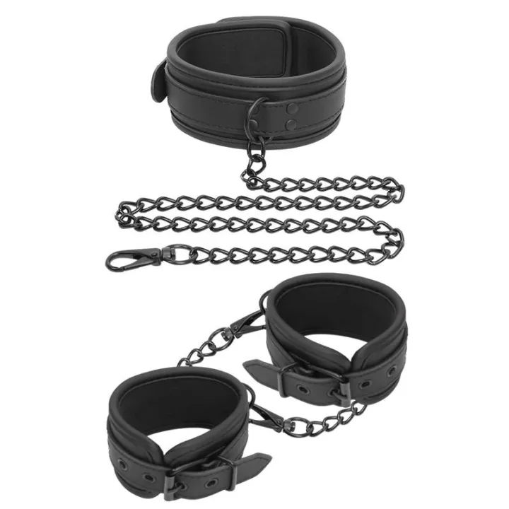 Set de Collar y Esposas para Muñecas Cuero Vegano de Intoyou Black Shadow