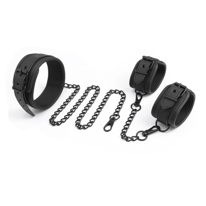 Set de Collar y Esposas para Muñecas Cuero Vegano de Intoyou Black Shadow | VibraZon
