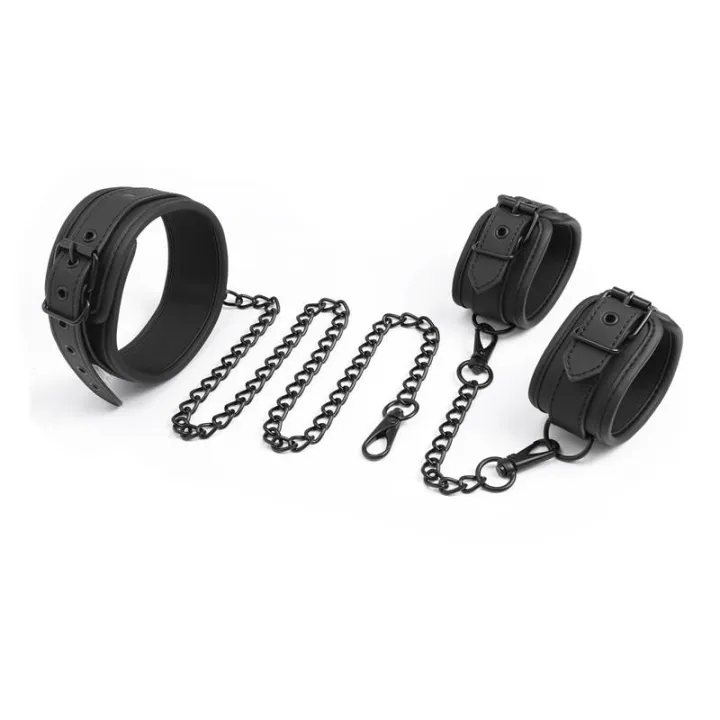 Set de Collar y Esposas para Muñecas Cuero Vegano de Intoyou Black Shadow