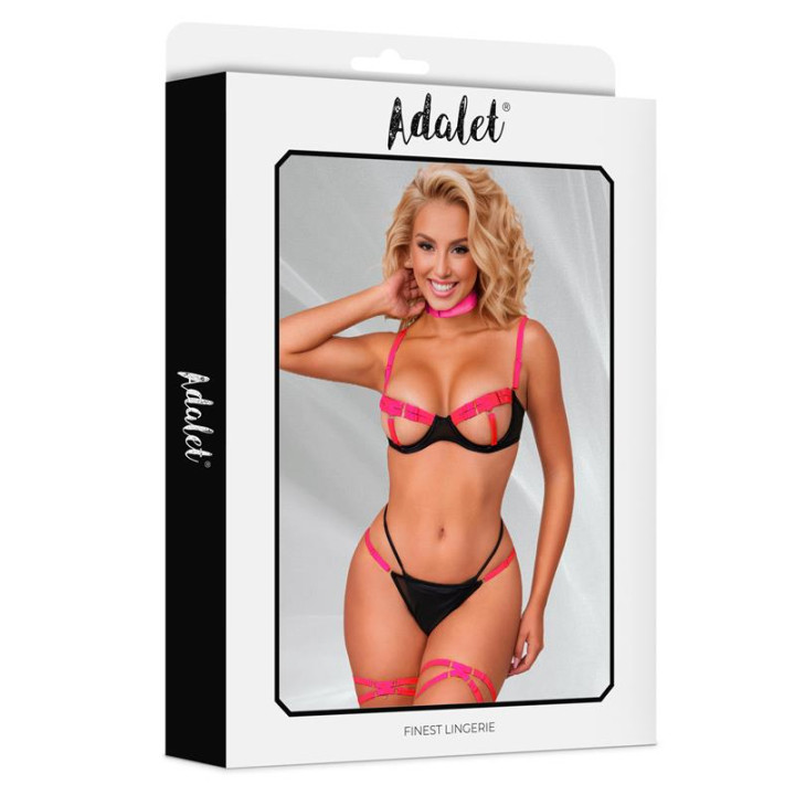 Pauline Set Sujetador, Tanga, Ligas y Choker Negro y Rosa de Adalet Lingerie | VibraZon