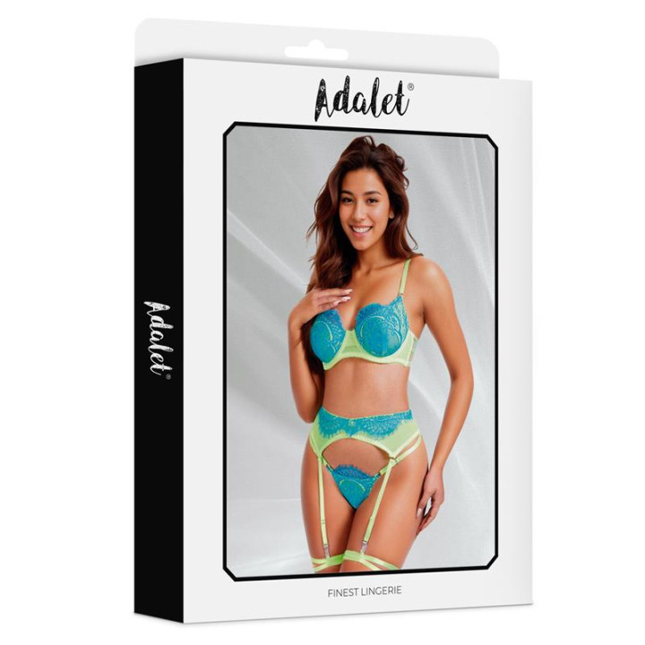 Harlow Set Sujetador, Tanga, Liguero y Liga Amarillo y Azul de Adalet Lingerie | VibraZon