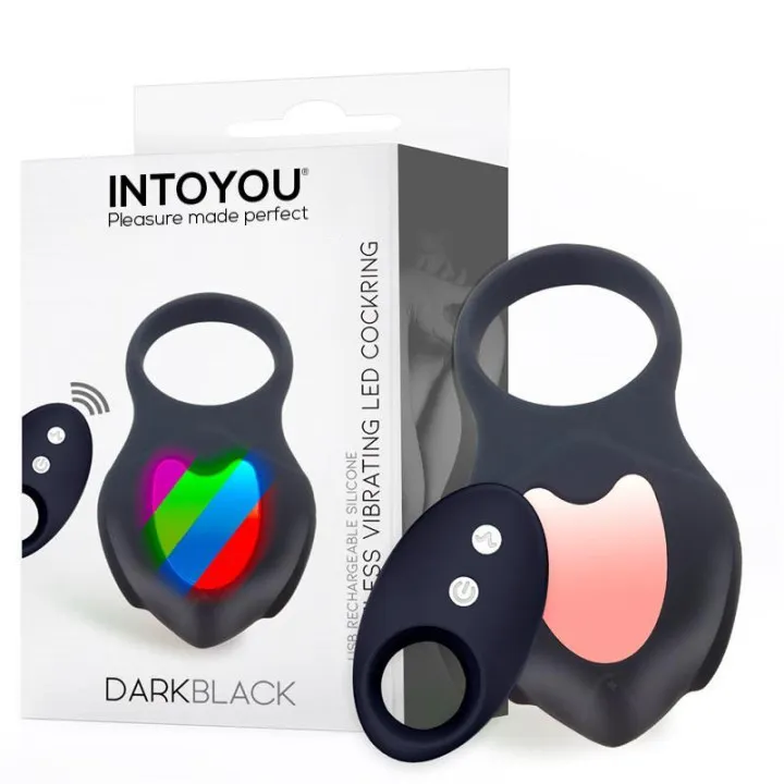 Darkblack Anillo Vibrador con LED Control Remoto USB Silicona de Intoyou