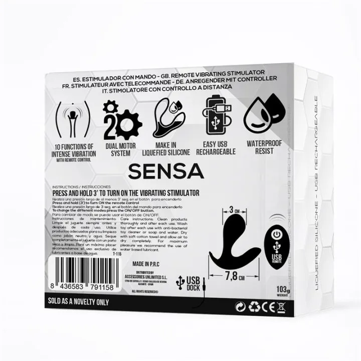 Sensa Estimulador Control Remoto USB SIlicona Líquida Negro de Tardenoche