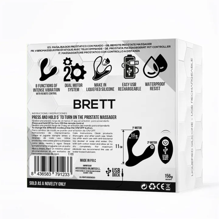 Brett Masajeador Prostático Control Remoto USB Silicona Líquida de Tardenoche